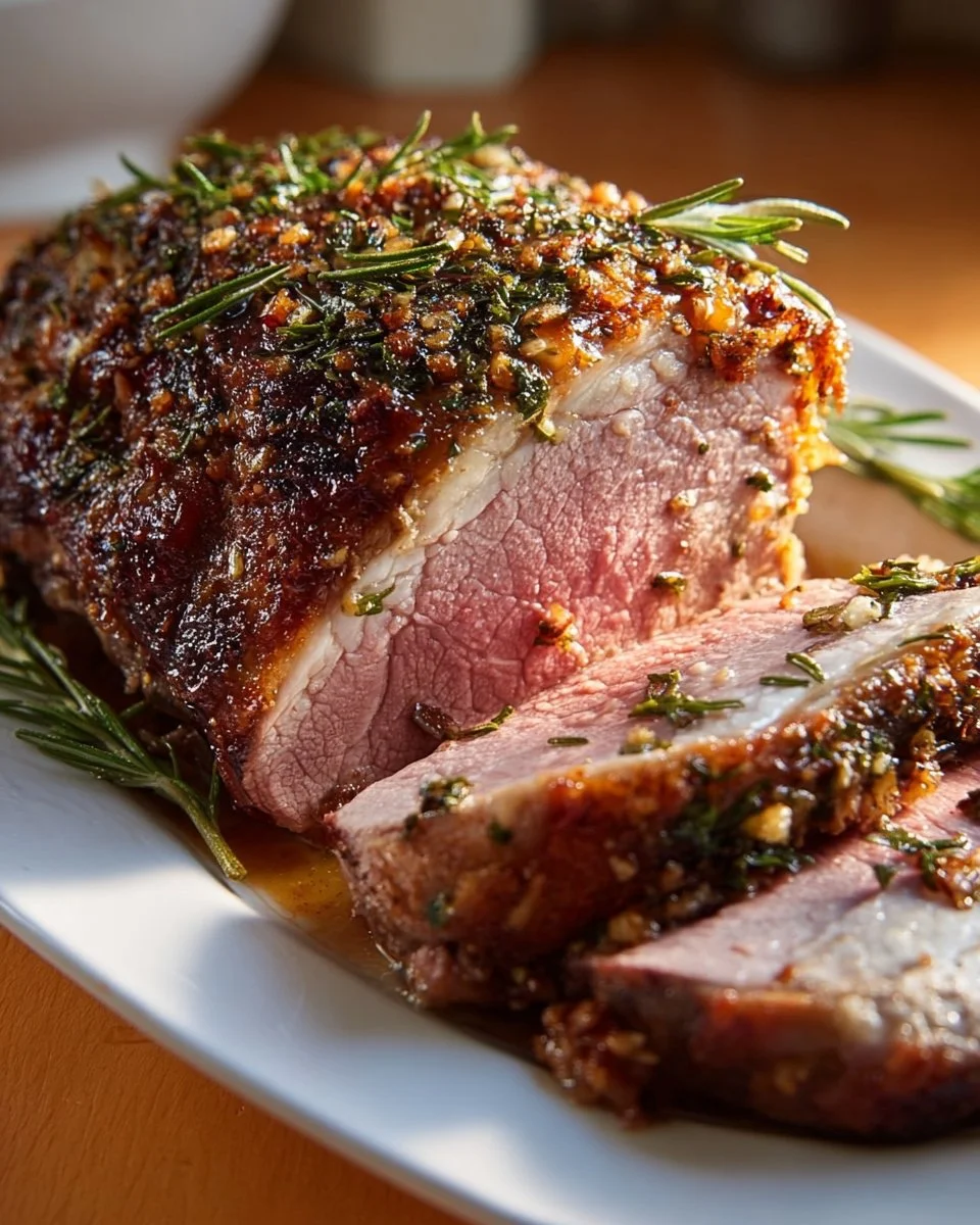 Juicy lamb leg with garlic herb crust served on a platter