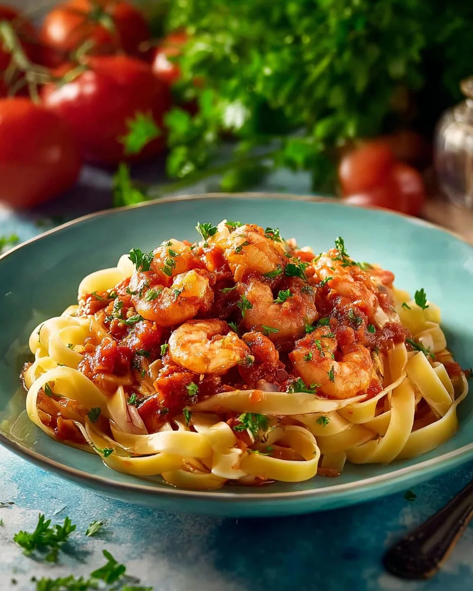 Plate of Juicy Shrimp Fra Diavolo with pasta and spicy tomato sauce