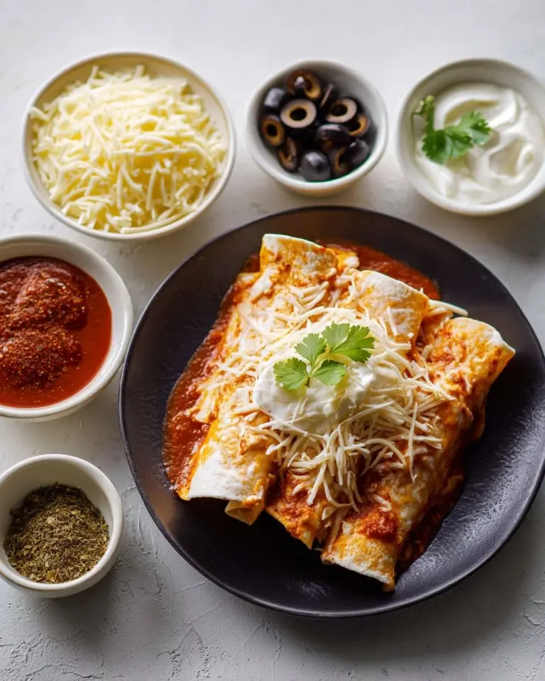 Leftover turkey enchilada casserole with cheese and toppings