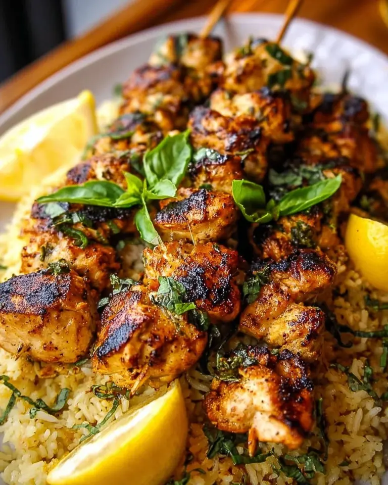 Grilled Lemon Basil Chicken Kebabs on a plate with fresh herbs