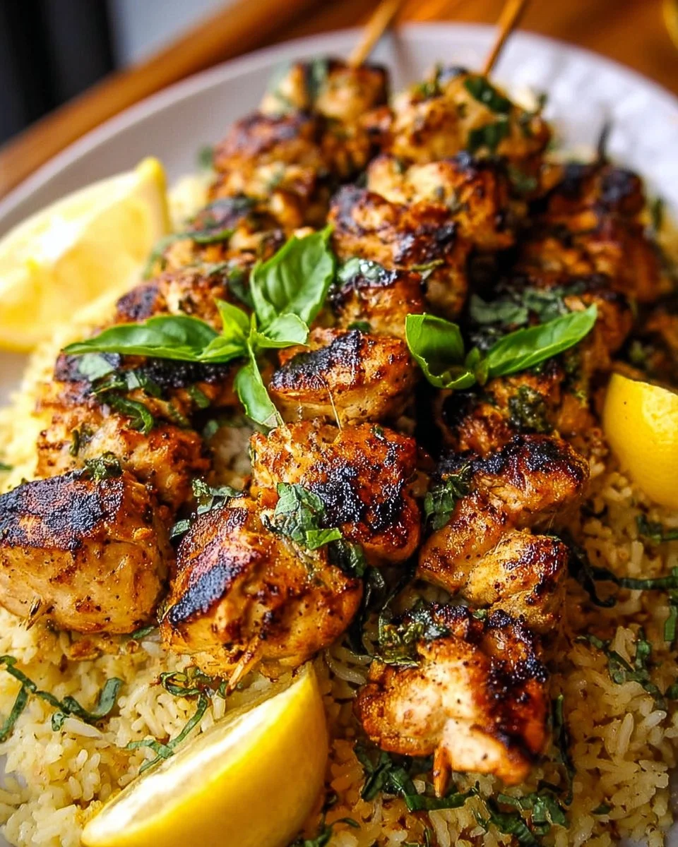 Grilled Lemon Basil Chicken Kebabs on a plate with fresh herbs