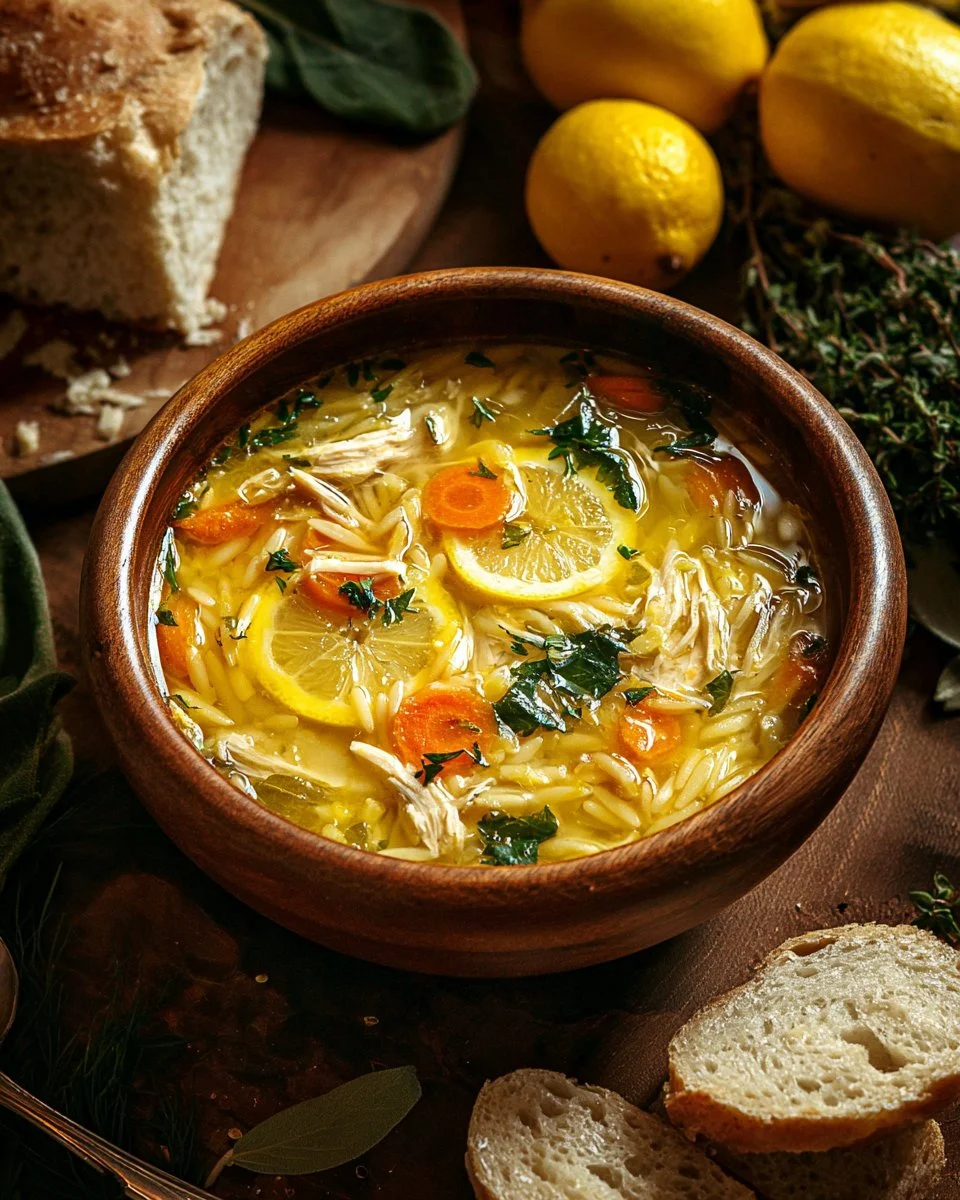 Bowl of Lemon Chicken Orzo Soup garnished with fresh herbs
