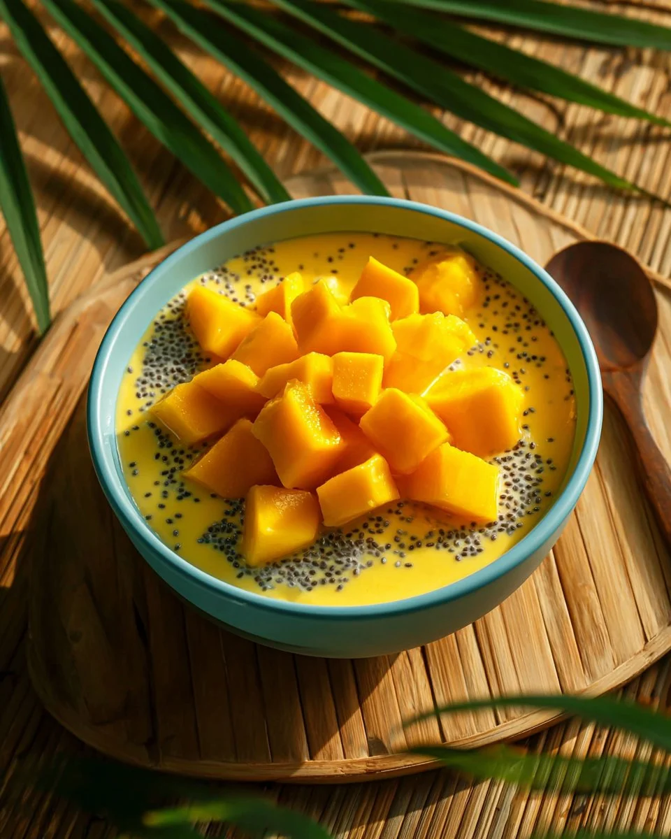 Healthy Mango Chia Pudding Cups topped with fresh mango slices