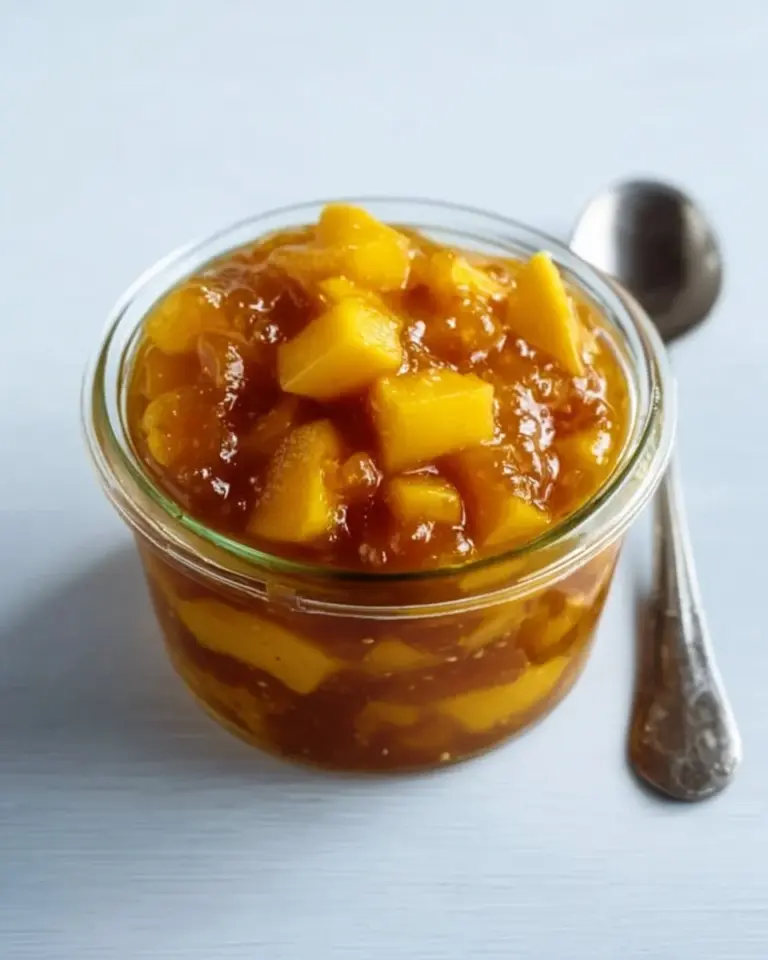 Homemade mango chutney served in a bowl with fresh mangoes and spices