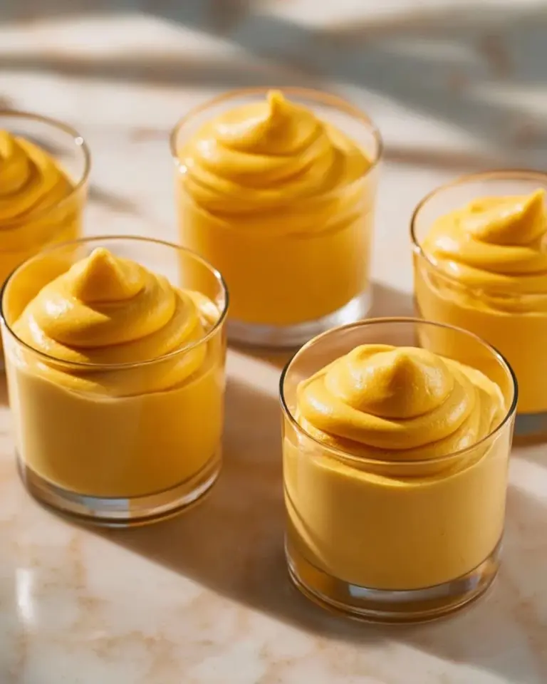 A delicious serving of mango mousse topped with fresh mango slices and mint leaves.