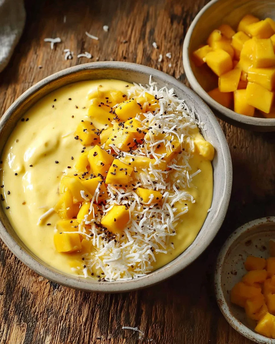 Delicious mango smoothie bowl topped with fresh fruits and nuts