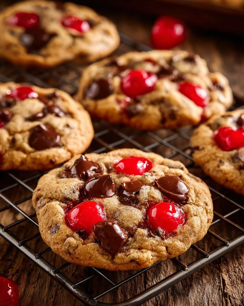 Chewy Maraschino Cherry Chocolate Chip Cookies fresh out of the oven