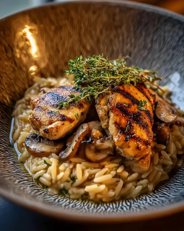 Delicious Marsala Chicken Orzo served on a plate, garnished with herbs.