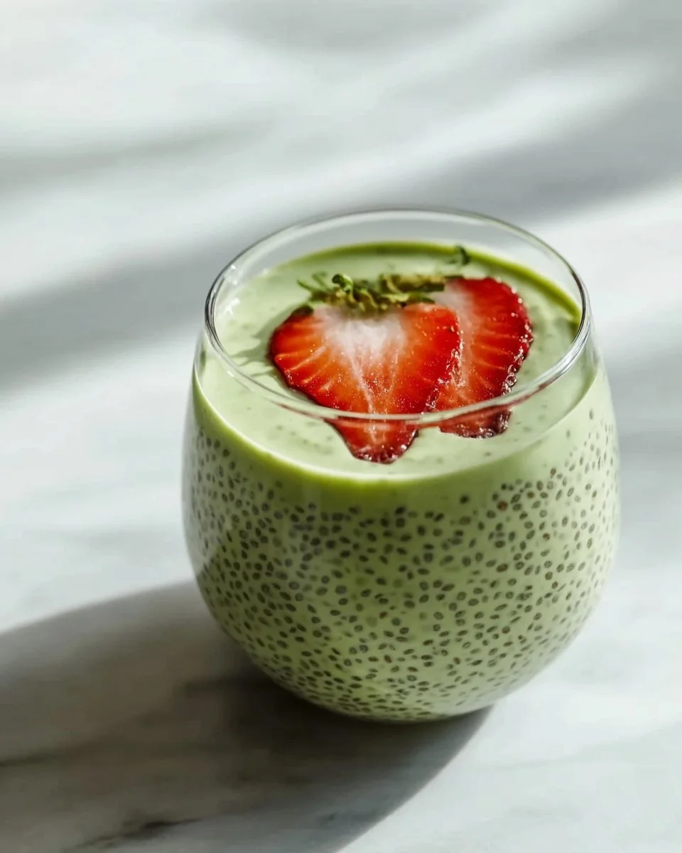 Delicious matcha chia pudding in a bowl topped with fresh fruits and nuts.