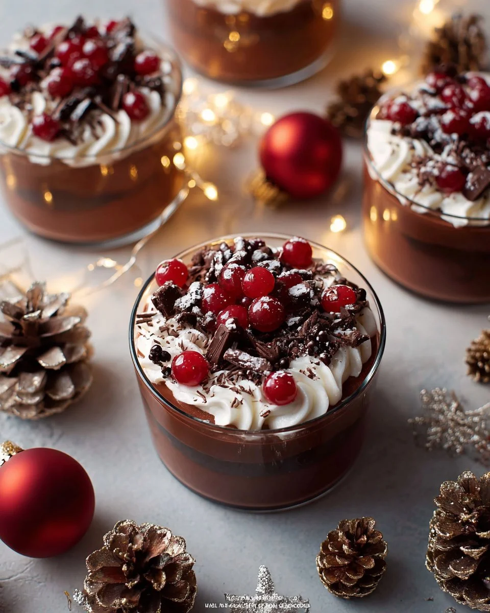 Mini Christmas trifles with layers of cake, cream, and festive decorations.