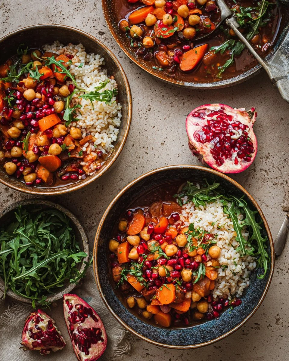 Bowl of Moroccan spiced carrot chickpea stew with vibrant colors and spices