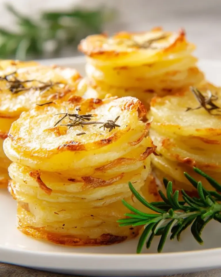 Muffin tin potato stacks featuring layered slices of potatoes baked to perfection.