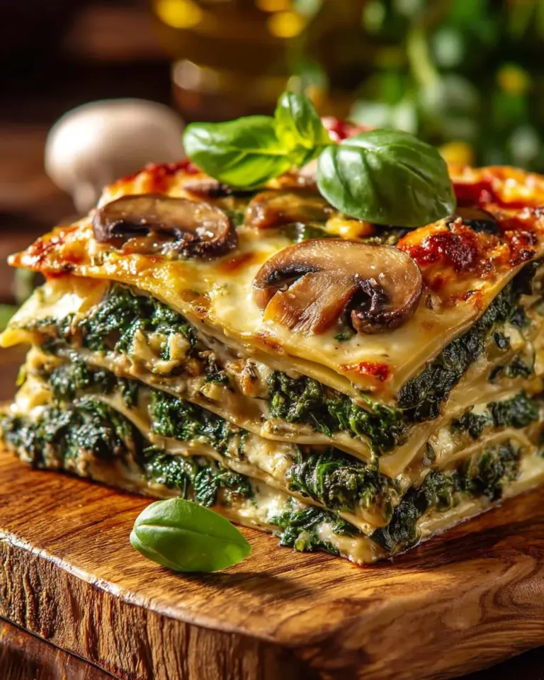 Delicious Mushroom Spinach Lasagna served on a plate, showcasing layers of mushrooms and spinach.
