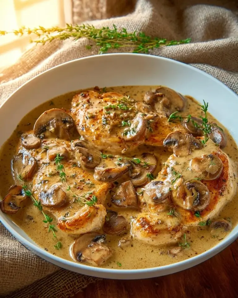 Delicious Mushroom Asiago Chicken served on a plate with garnishes.