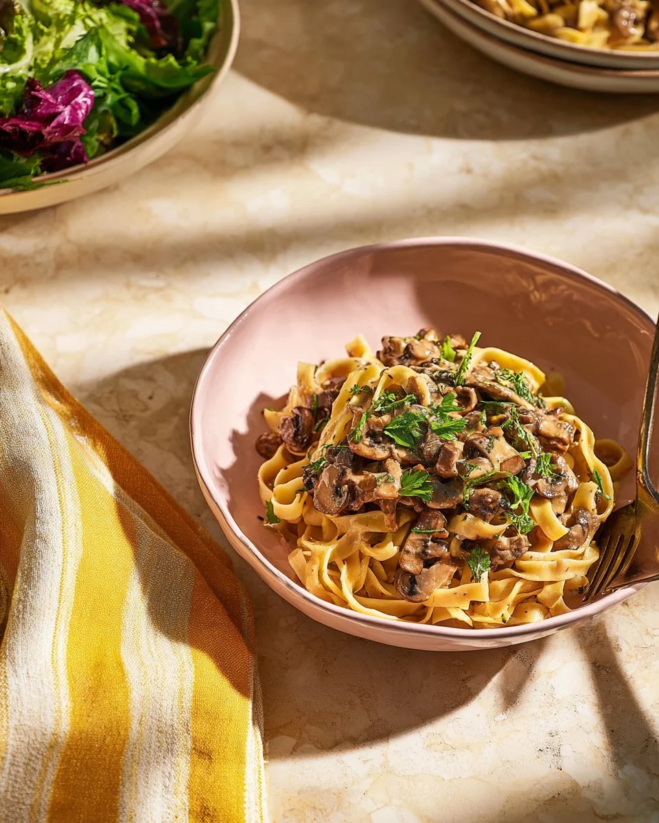 Creamy Mushroom Stroganoff served on a plate