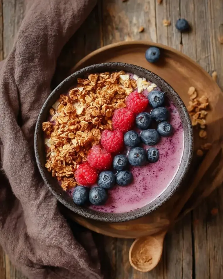 Nutritious smoothie breakfast bowl topped with fruits and seeds