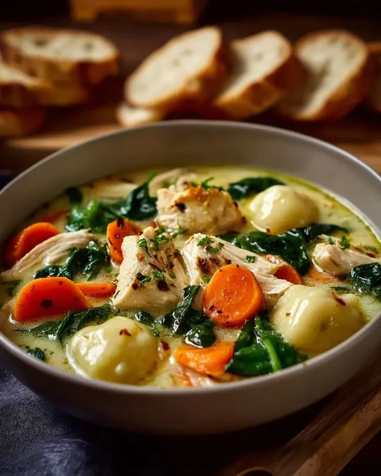 Creamy Olive Garden chicken gnocchi soup with chicken, vegetables, and gnocchi balls