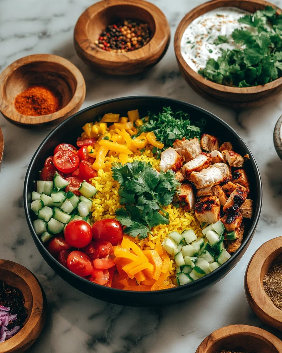 One-Pan Chicken Burrito Bowl with colorful ingredients and spices