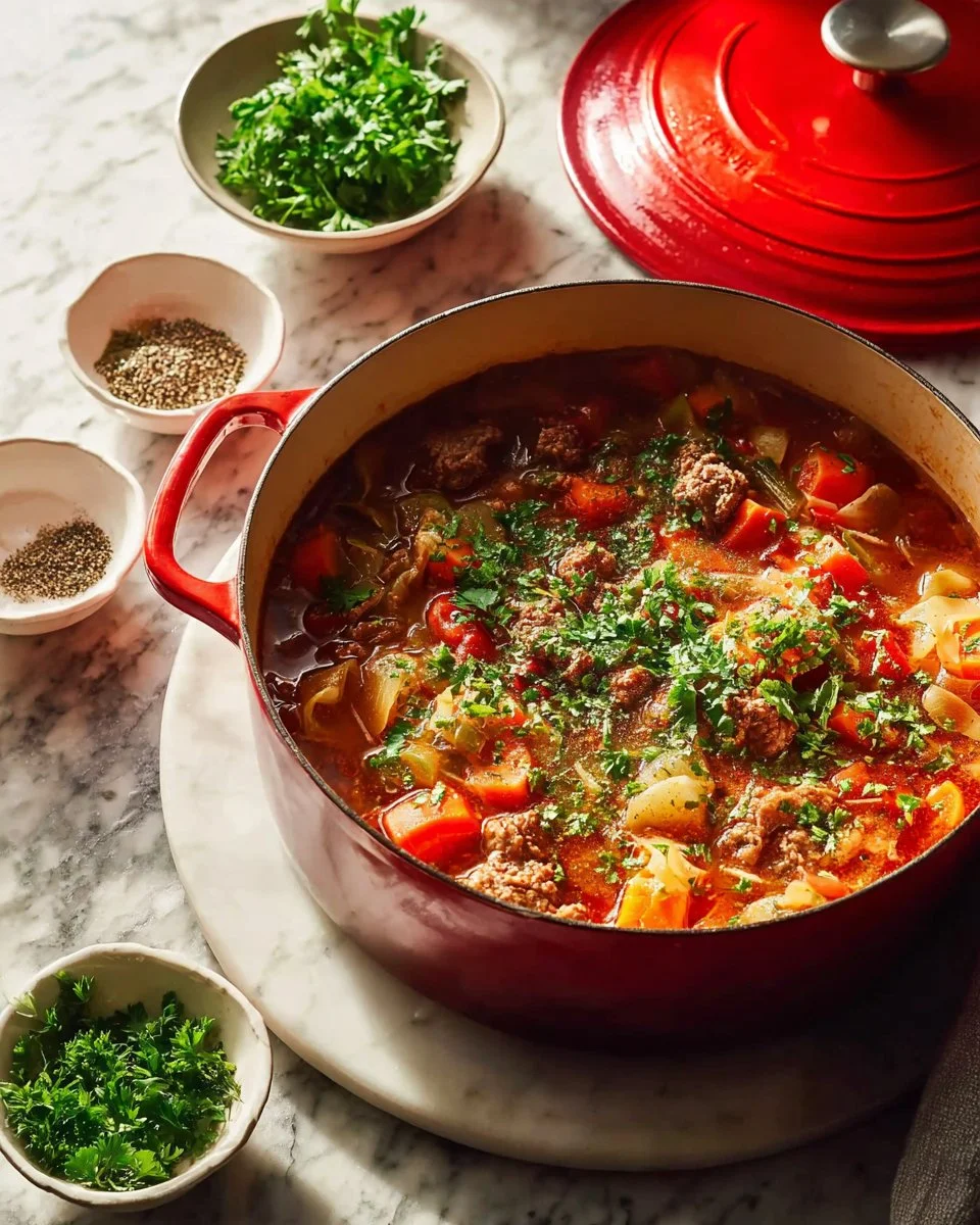 Delicious one-pot cabbage roll soup featuring ground turkey and fresh vegetables.