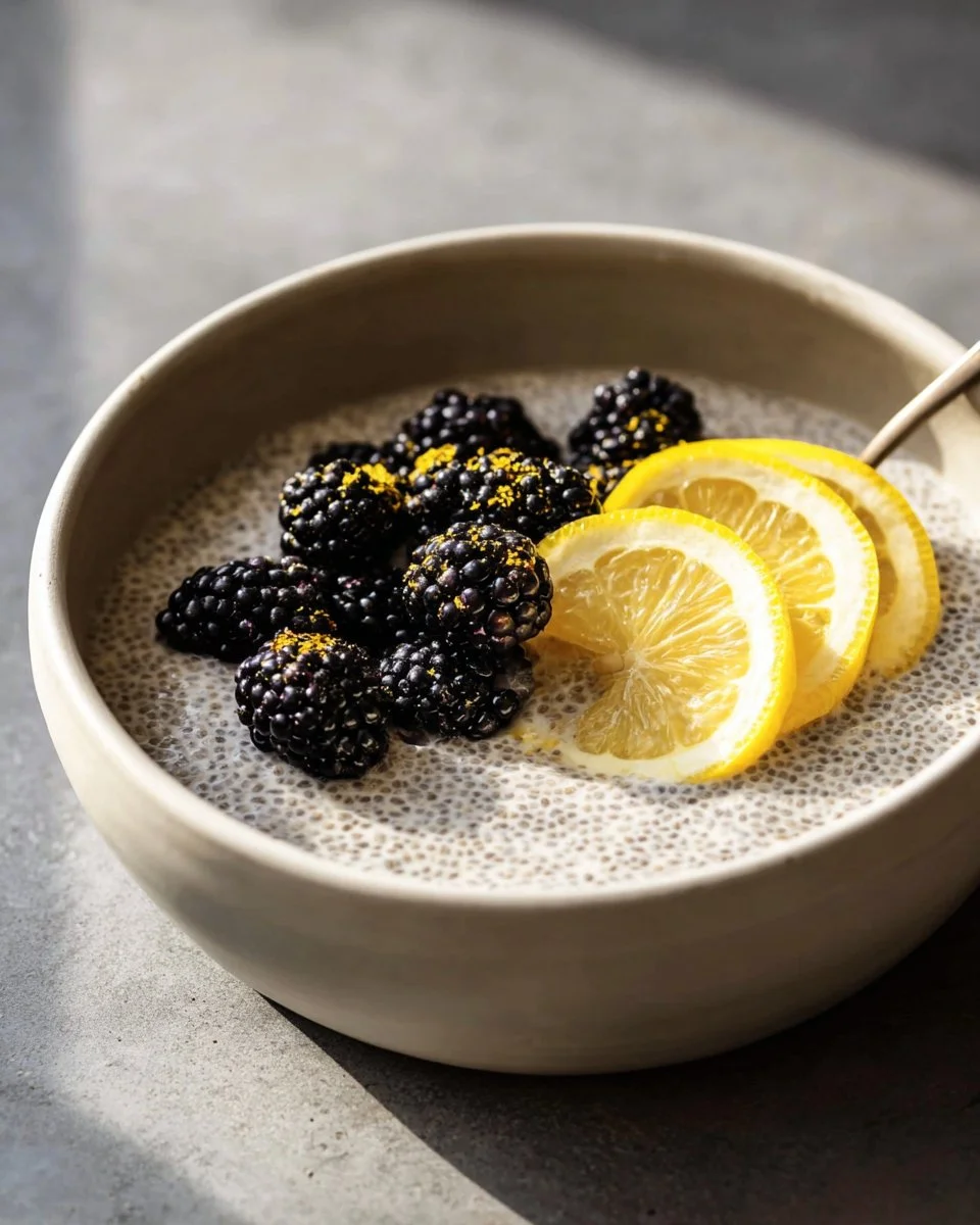 A bowl of lemon cream chia pudding topped with fresh lemon zest and mint leaves.