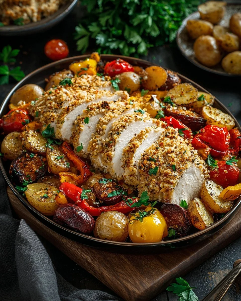 Parmesan Crusted Chicken Sheet Pan ready to serve with vegetables.