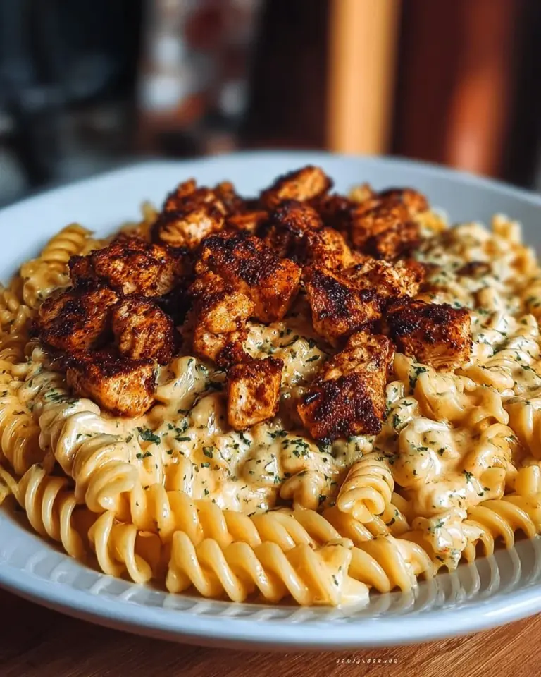 Parmesan Rotini served with Cajun garlic butter chicken on a plate