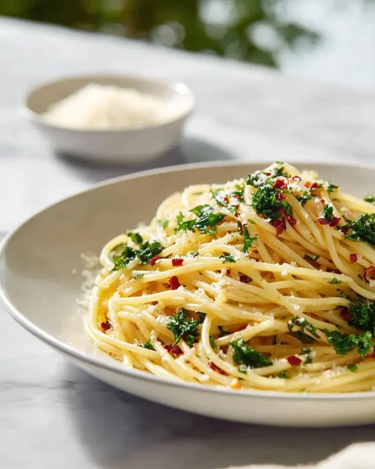 Pasta Garlic Oil with Kale dish garnished and served in a bowl
