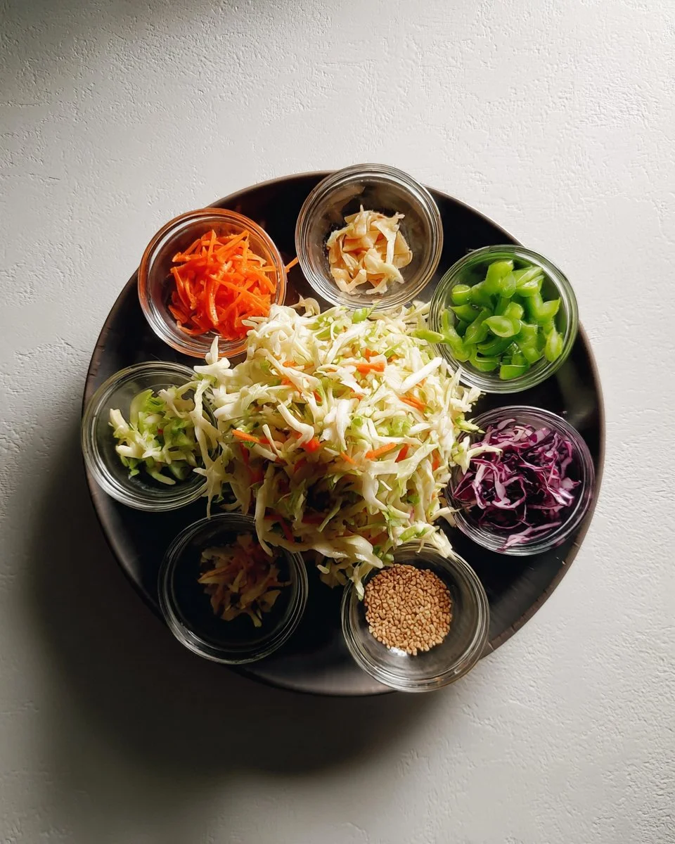 Quick Asian coleslaw with sesame dressing served in a bowl