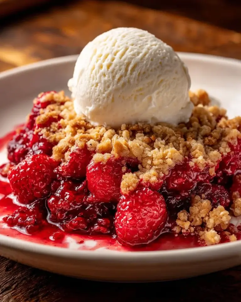 Delicious homemade raspberry crumble dessert topped with golden crumble.