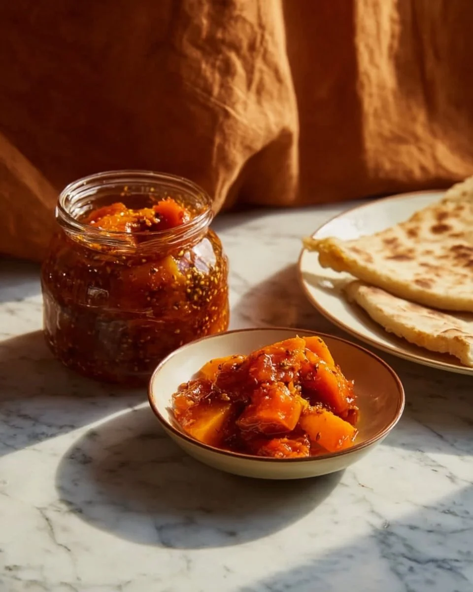 Homemade Raw Mango Pickle in a jar with spices and ingredients