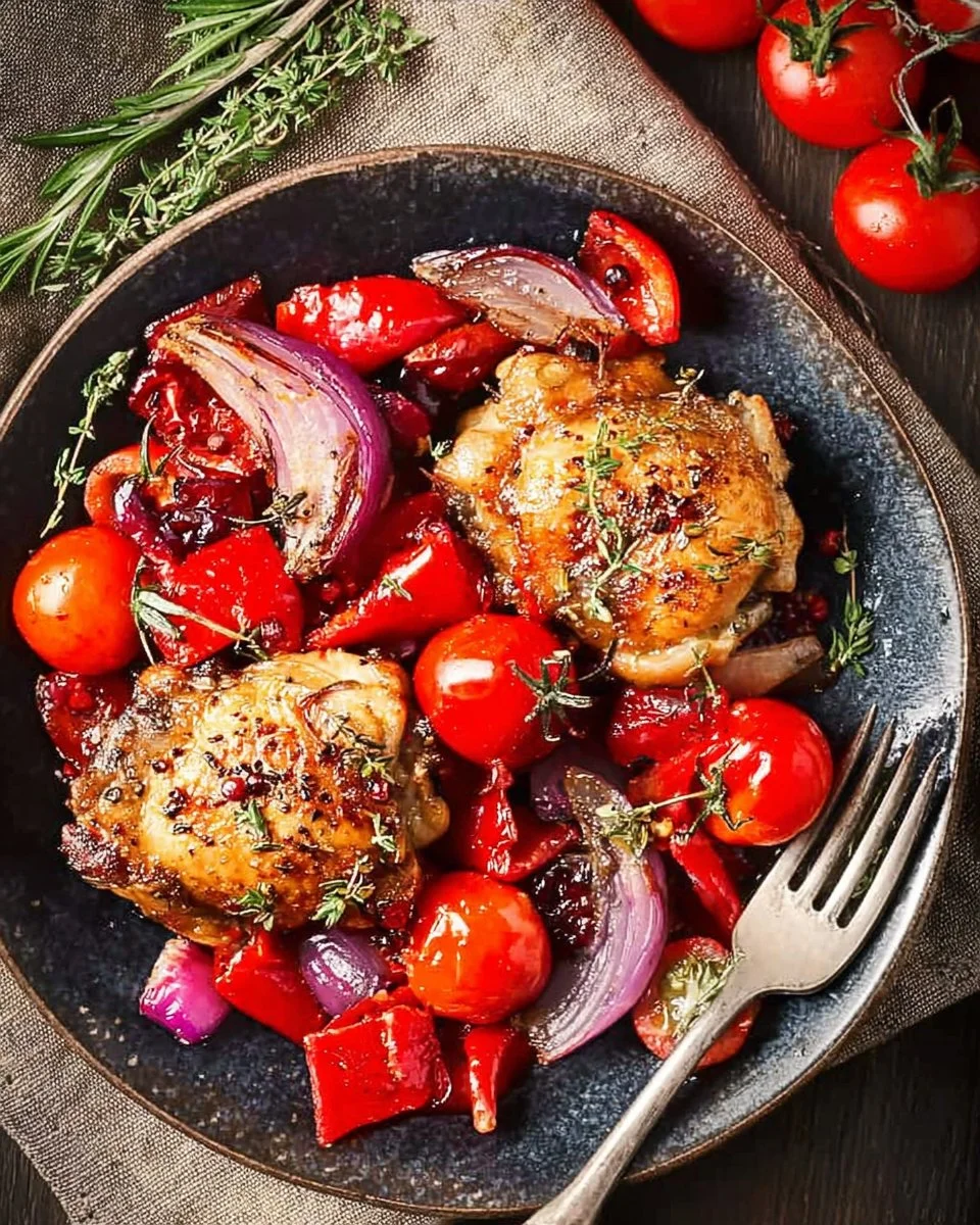 Red currant grilled chicken served with colorful grilled vegetables
