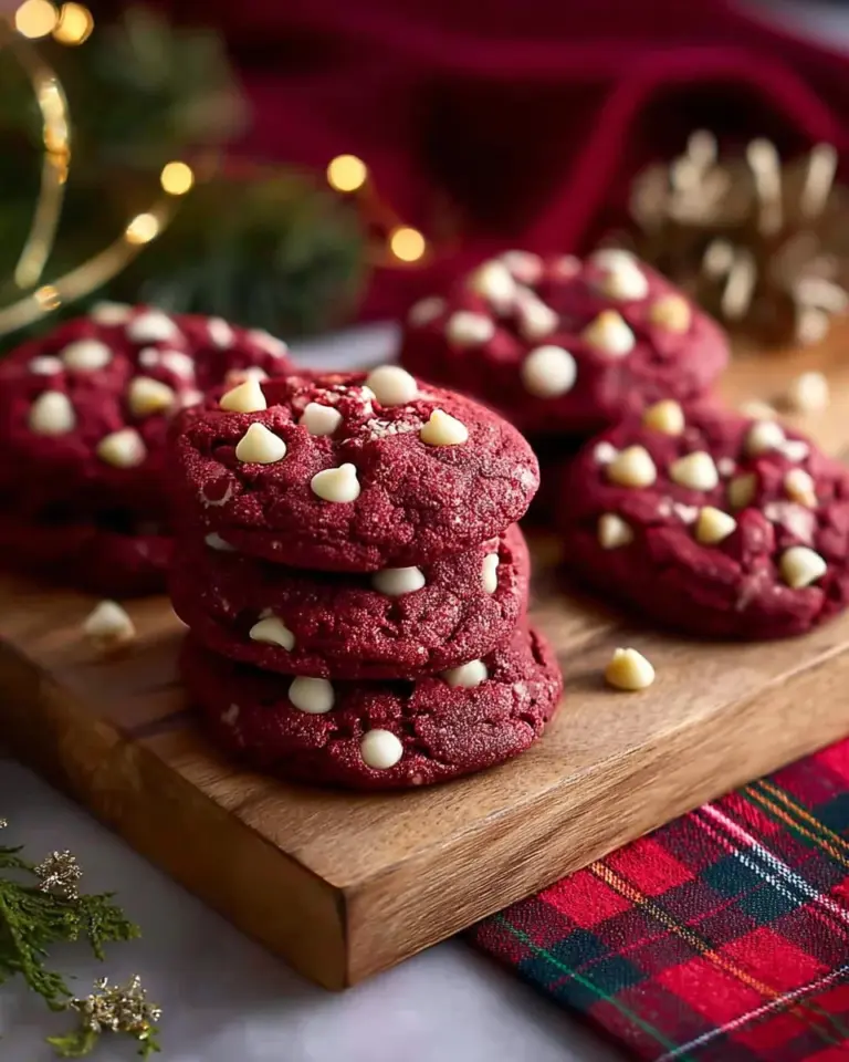 Freshly baked Red Velvet Hot Chocolate Cookies on a rustic wooden table