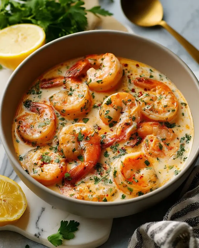 Bowl of rich crab and shrimp bisque garnished with herbs and seafood