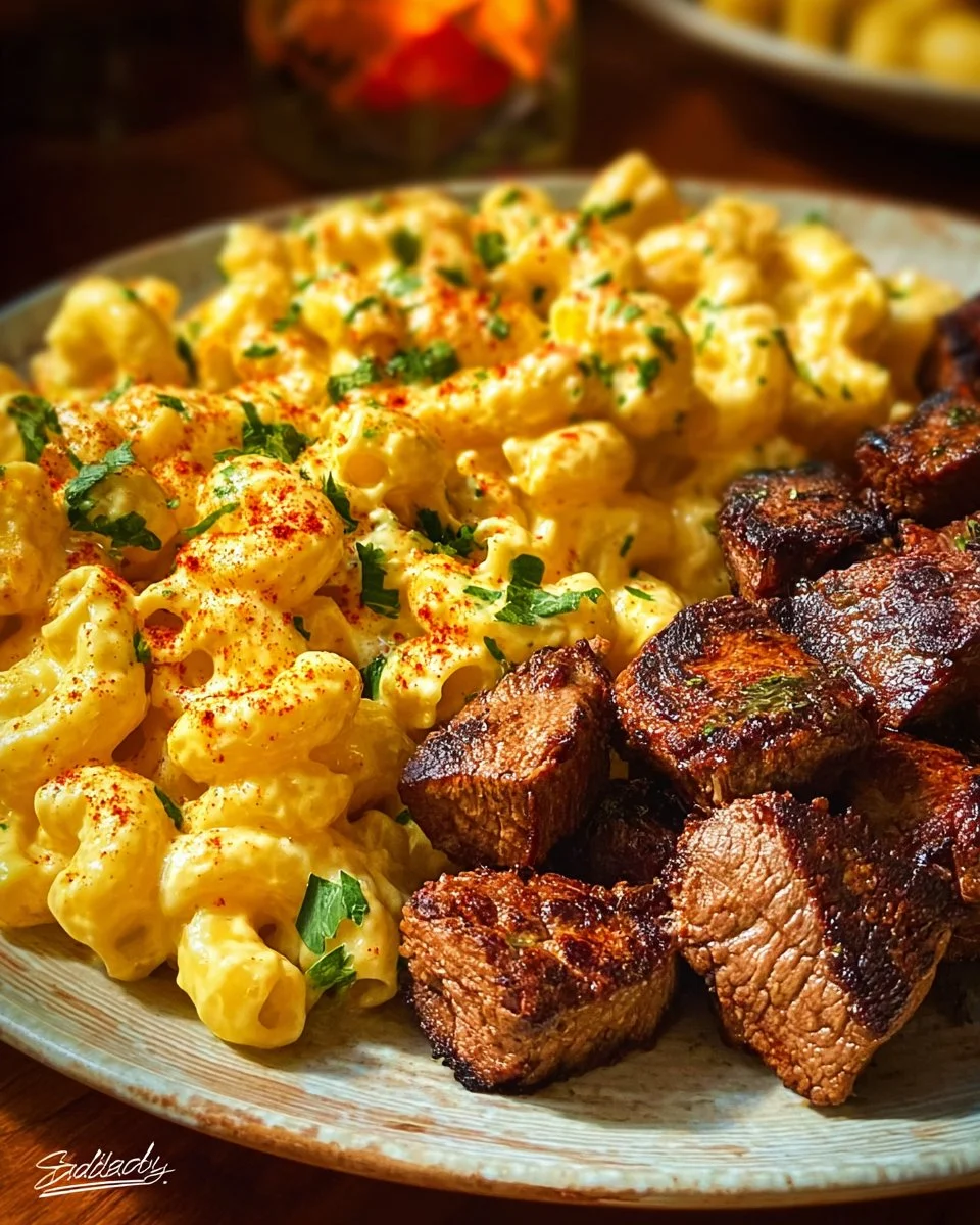 Rigatoni in Garlic Butter Parmesan Cream Sauce with Cajun Steak Tips