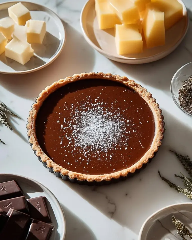 Delicious Salted Caramel Chocolate Tart topped with caramel and sea salt.