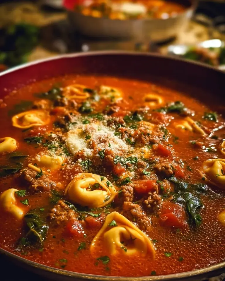 Bowl of Sausage Tortellini Soup garnished with herbs