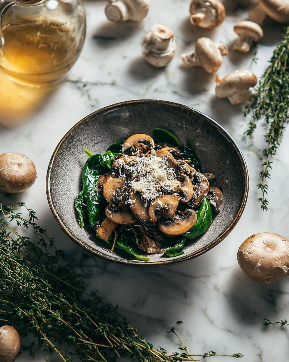 Delicious sauteed mushrooms with fresh spinach in a skillet