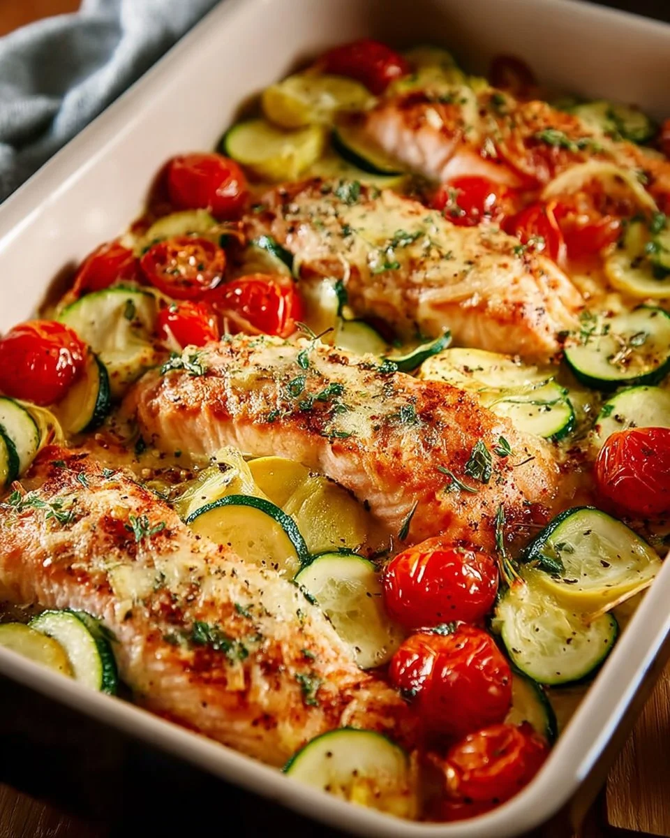 Sheet Pan Mediterranean Chicken with Zucchini in a colorful setup