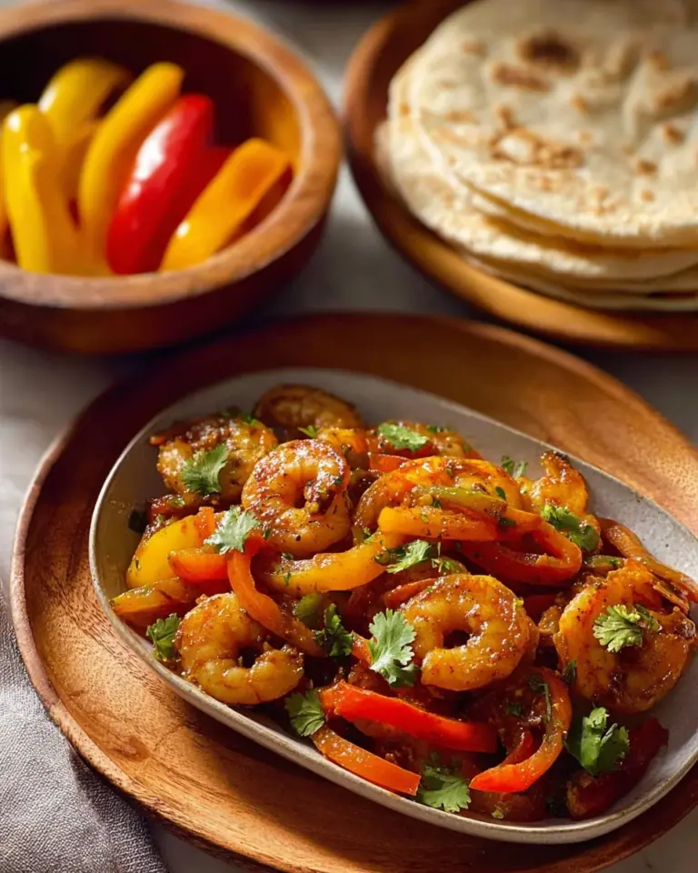 Colorful shrimp fajitas served on a plate with peppers and onions
