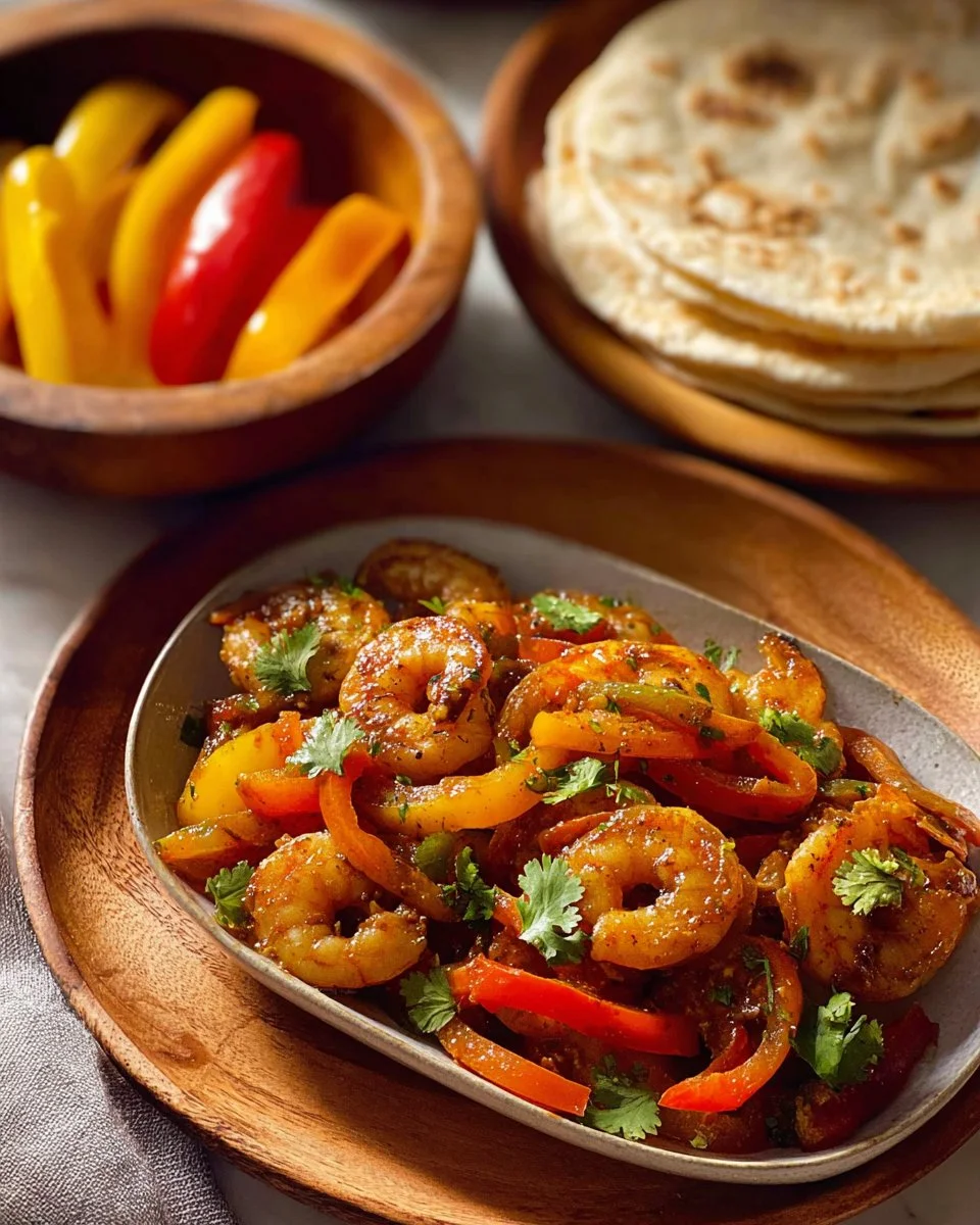 Colorful shrimp fajitas served on a plate with peppers and onions