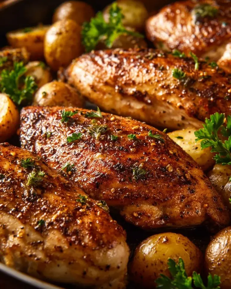 Delicious slow cooker garlic herb chicken served on a plate with herbs.