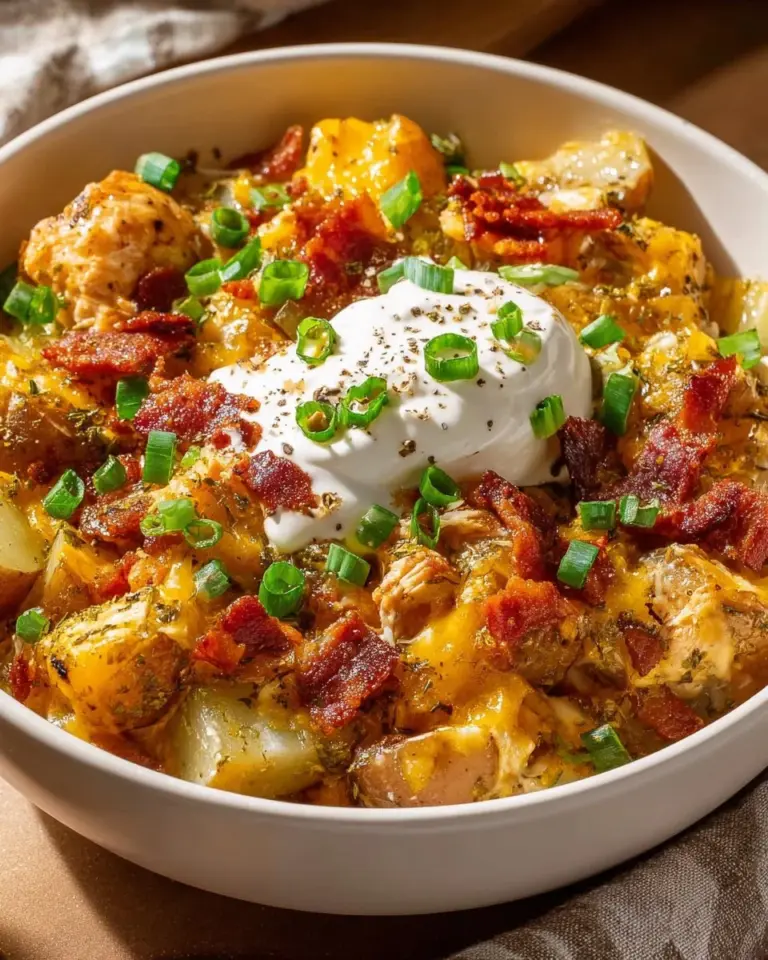 Slow cooker loaded chicken and potato casserole in a serving dish