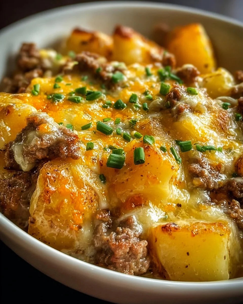 Slow Cooker Steak and Cheddar Potato Casserole in a crockpot
