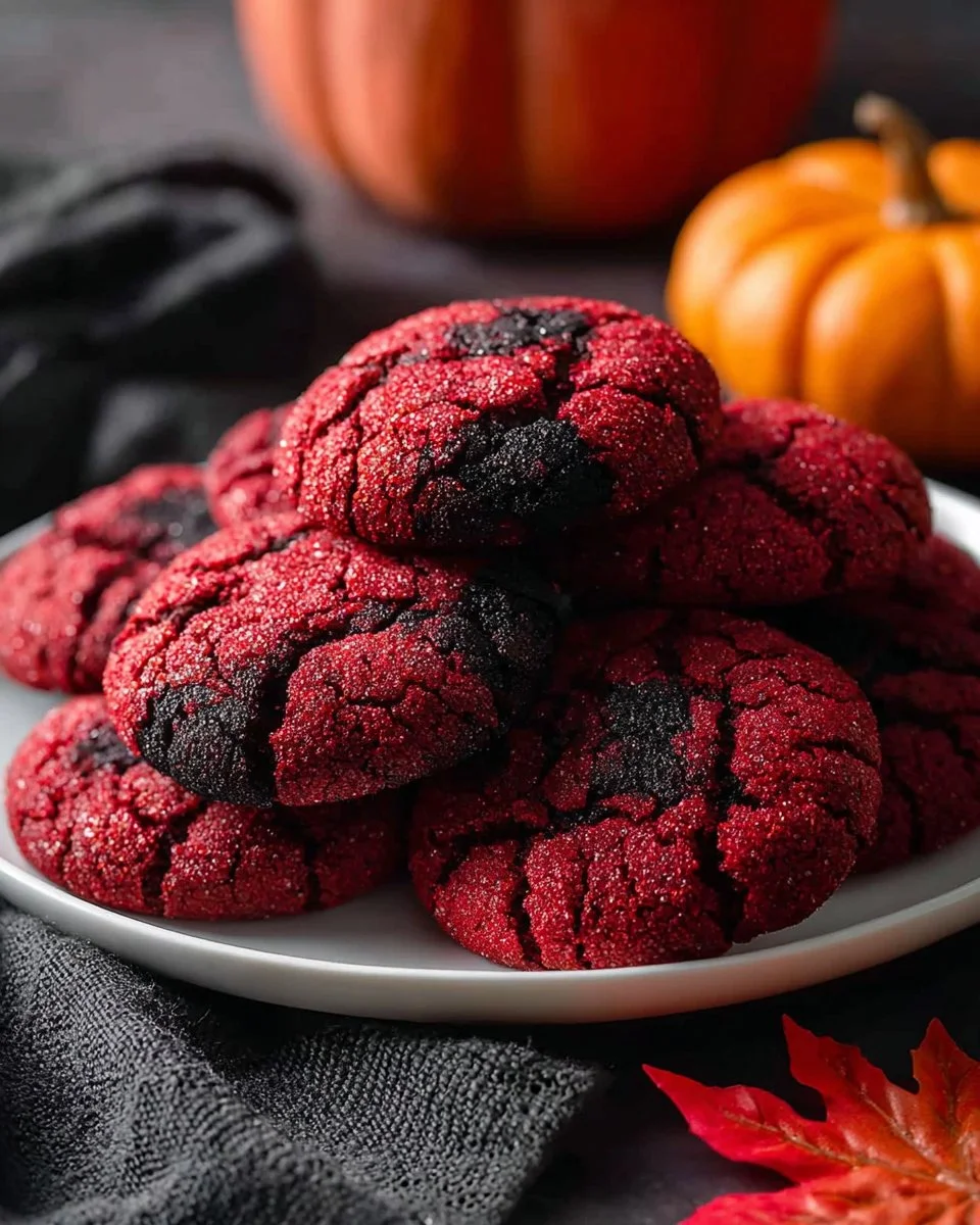 Soft Halloween red velvet cookies decorated for a festive celebration
