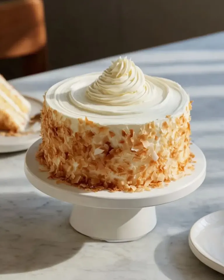 Delicious slice of Sour Cream Coconut Cake topped with shredded coconut