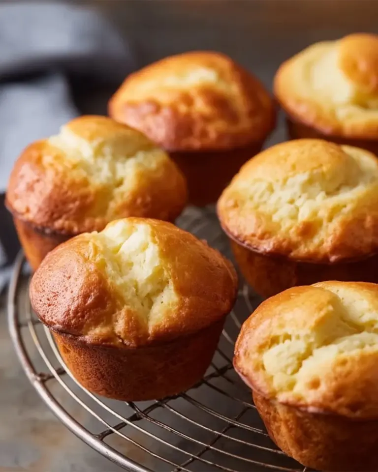 Freshly baked sour cream muffins on a wooden table