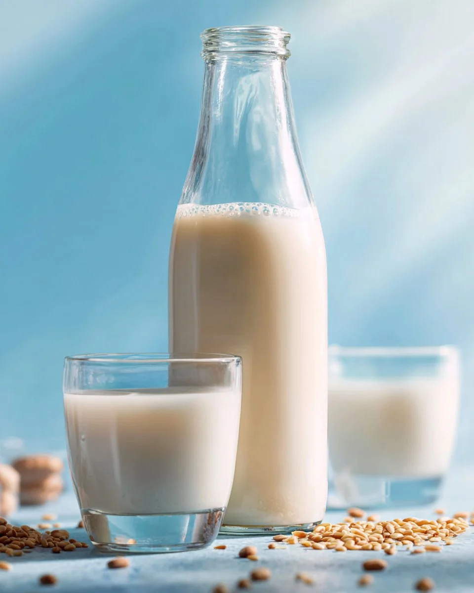A glass of spelt milk with grains on the side, showcasing its creamy texture.