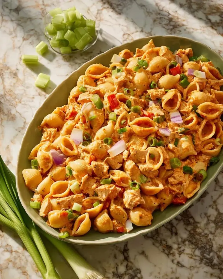 Spicy High Protein Buffalo Pasta Salad in a colorful bowl, garnished with herbs.