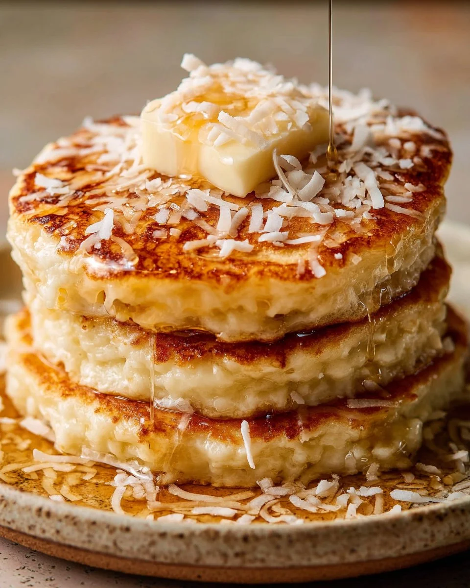 Fluffy coconut cream pancakes with fresh fruit and syrup on a plate