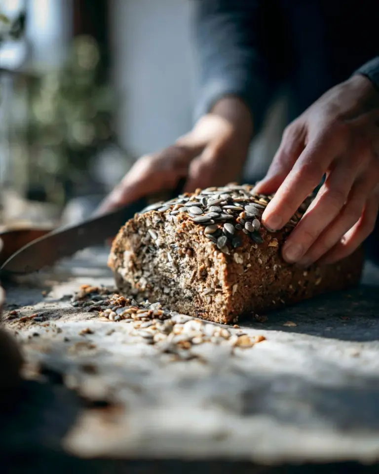 Tahini banana bread with sunflower seeds on a wooden table
